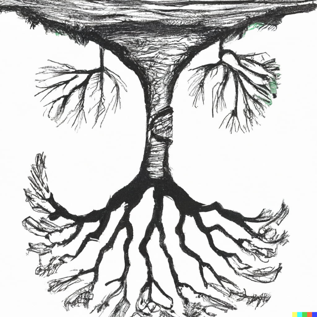 A drawing of an upside-down tree, mostly black and white but with a little bit of green.