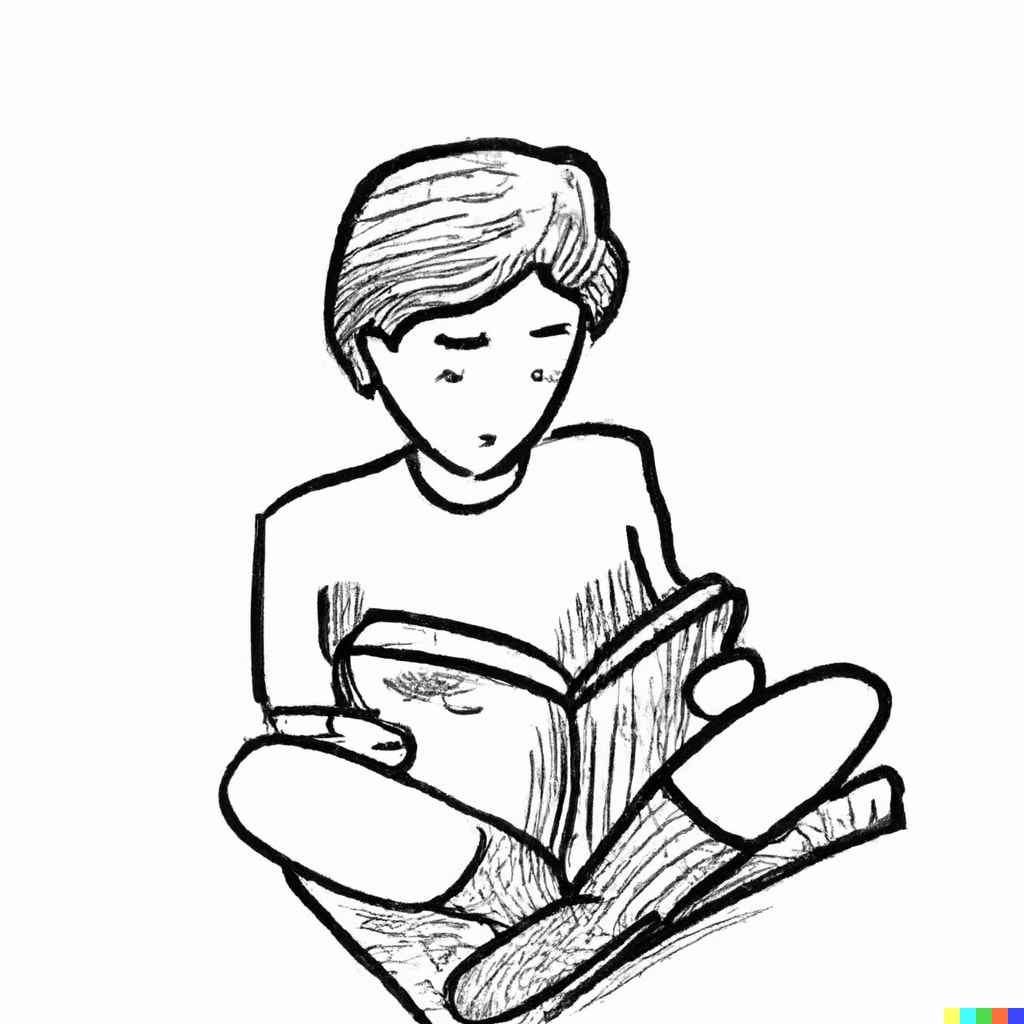 A drawing of a person sitting on the floor reading a book.